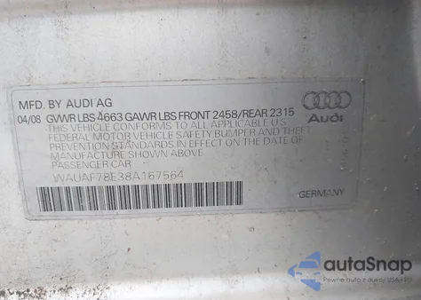 2008 Audi A4 2.0T/2.0T Special Edition z USA, uszkodzony, nr VIN WAUAF78E38A167564